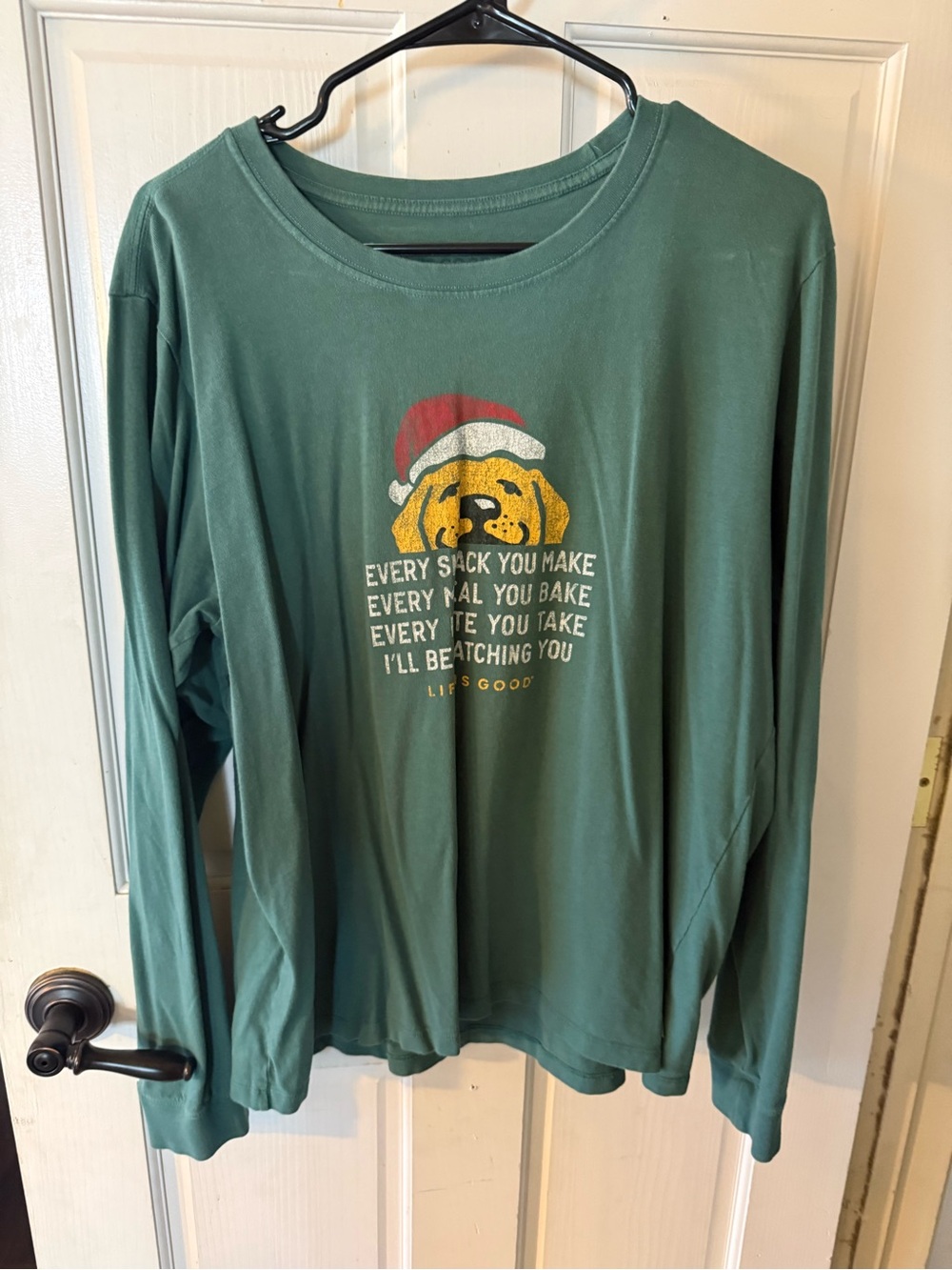 Life Is Good Green Long-Sleeve Tee with Holiday Dog Graphic